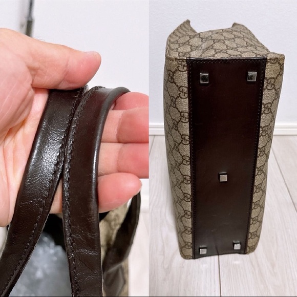 Gucci GG Monogram Canvas Tote Bag Brown Leather Trim Authentic Vintage Shopper - Picture 5 of 16